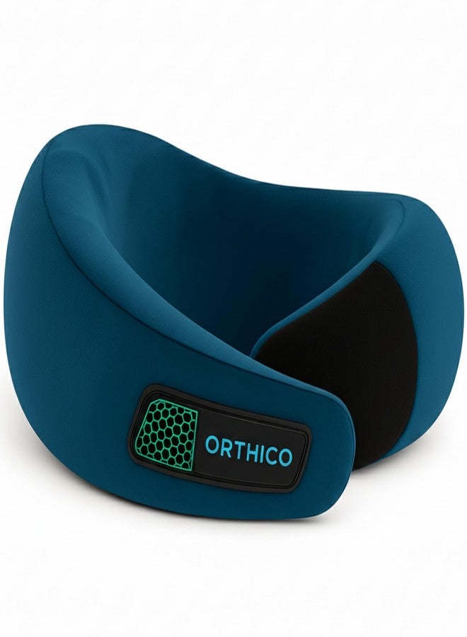 ORTHICO وسادة أورثيكو للرقبة للسفر - وسادة سفر من إسفنج الذاكرة الجل مع أحزمة قابلة للتعديل، غطاء قابل للغسل للطائرة والسيارة والقطار - راحة ودعم فائقان لتخفيف آلام الرقبة (أزرق أعماق البحار) - Image 1